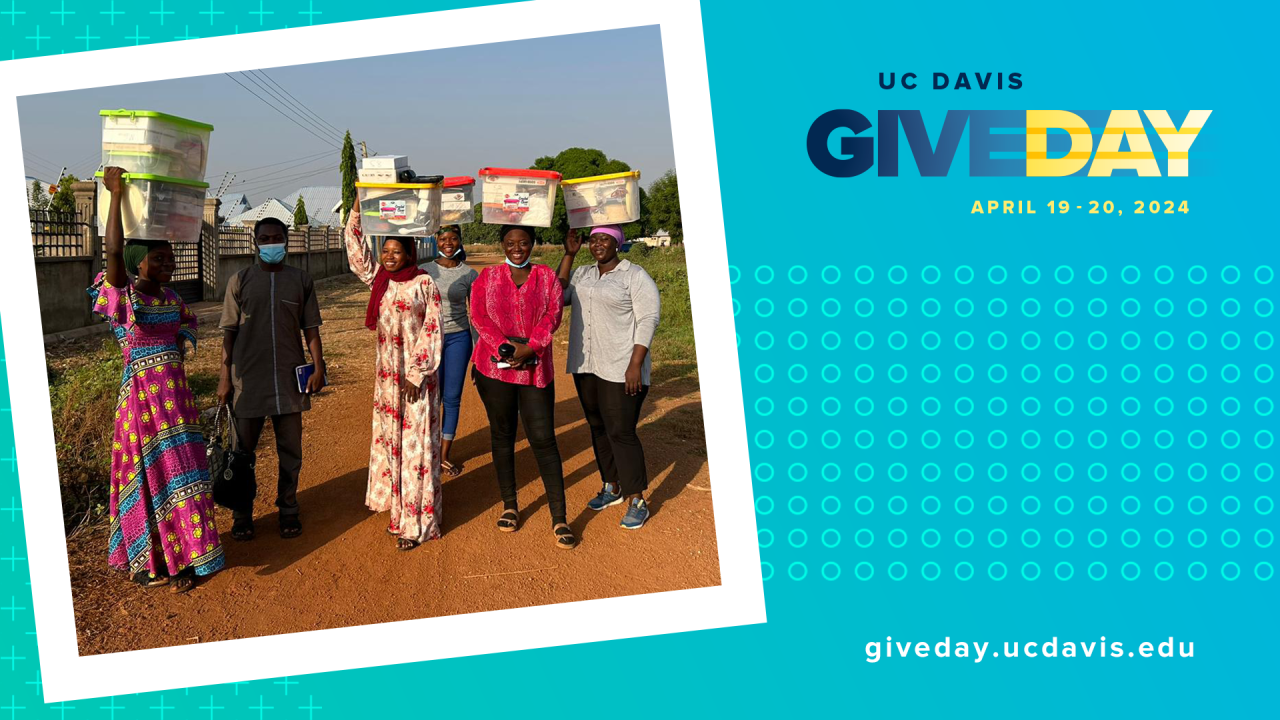 GiveDay blue flyer with Ghana CoMIT staff, project supplies on their heads