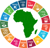 Colorful SDGs wheel image with African continent in the middle